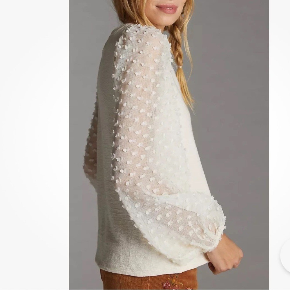Anthropologie Maeve Textured Long Sleeves Ivory Top Blouse Size M Romantic