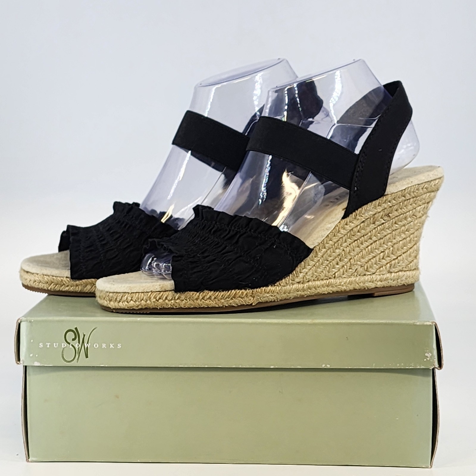 Studio Works St Martin Black Sandals 3.5″ Straw Heel Women 9M Tan Insole w Box