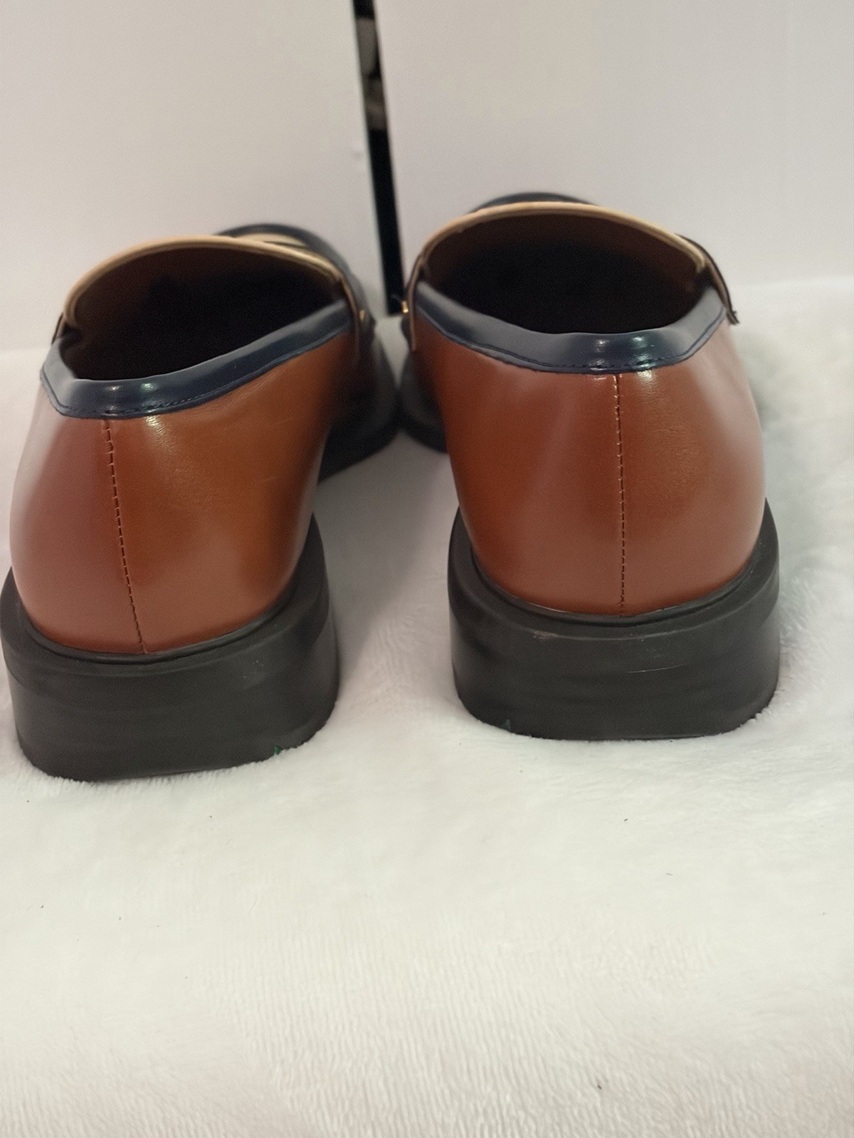 NWOT Franco Sarto Edith Almond Toe Penny Loafers Size 6.5M Biscuit Brown Navy