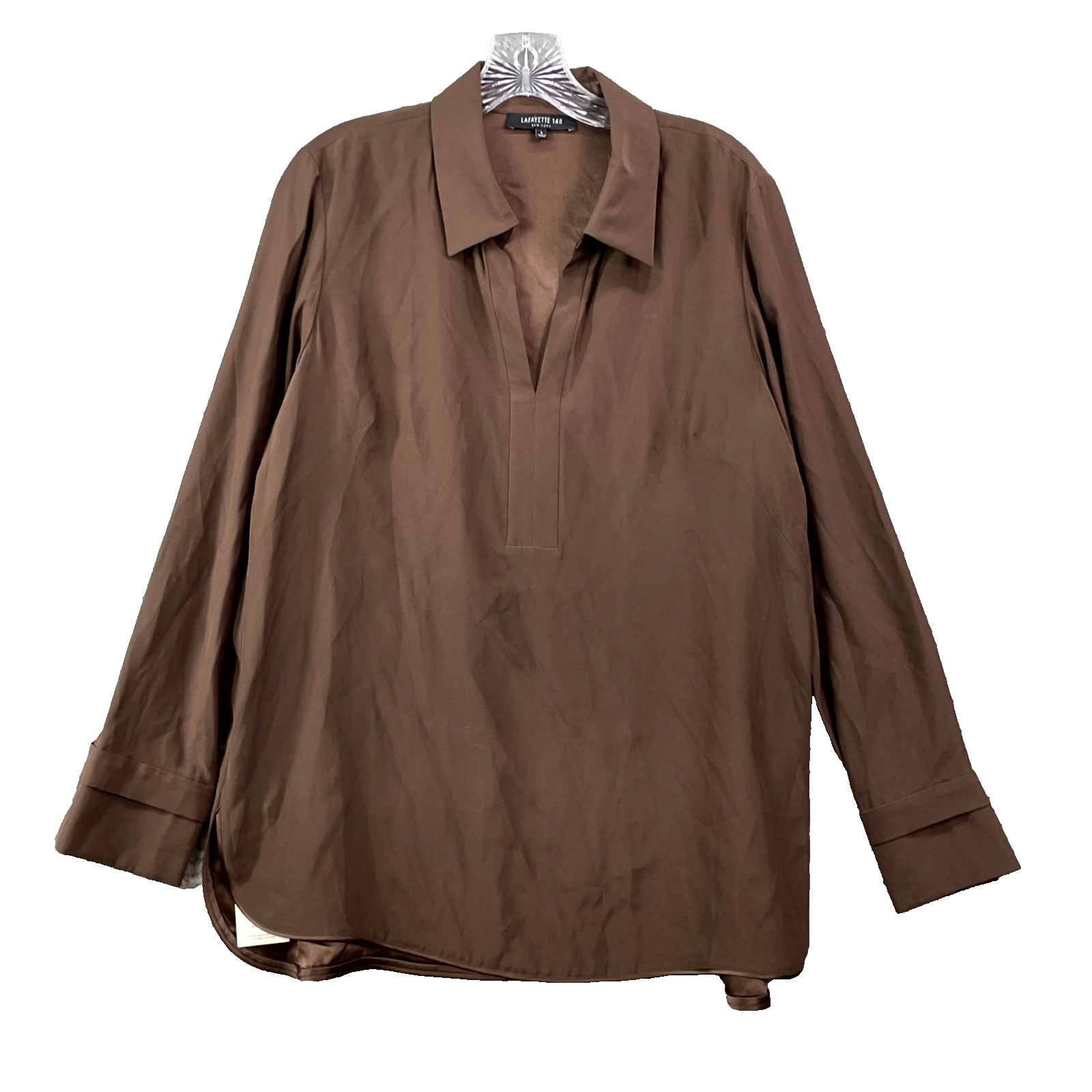Lafayette 148 New York Tunic Blouse Top Womens Large Brown Silk Classic Academia