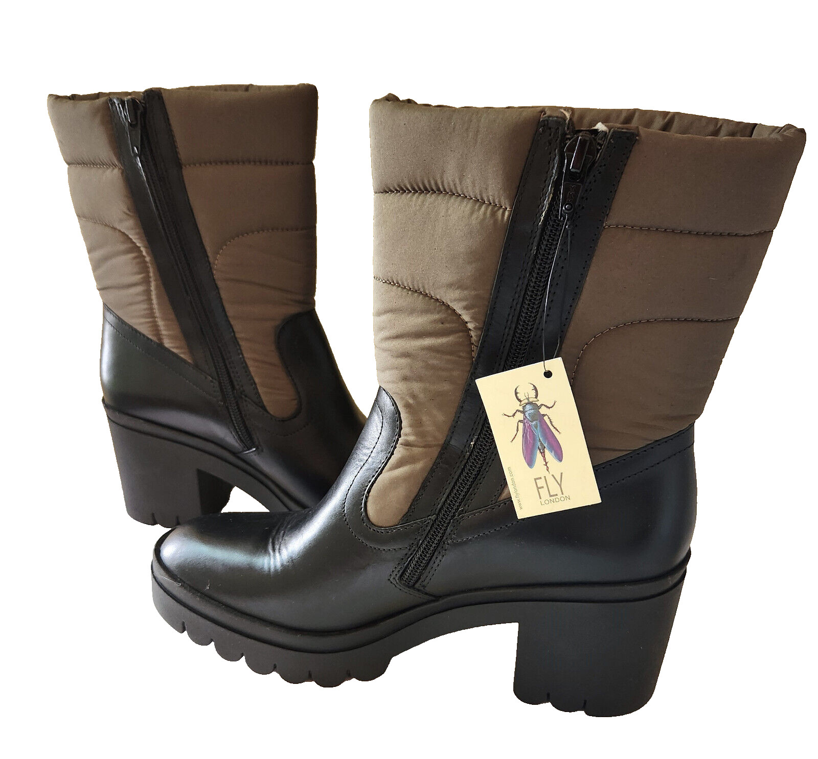 Fly London sz 41 EU/ 9.5 US, Black and Olive/Khaki Boots, Chunky Heel 2″ TYKE661