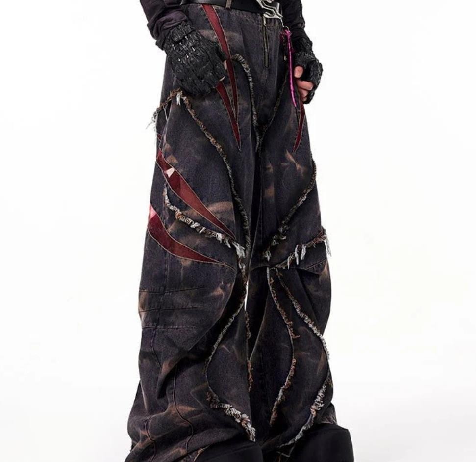 Women’s Mens Denim Black Blue Denim Jeans Tassels Pleated Punk Hip Hop Trousers
