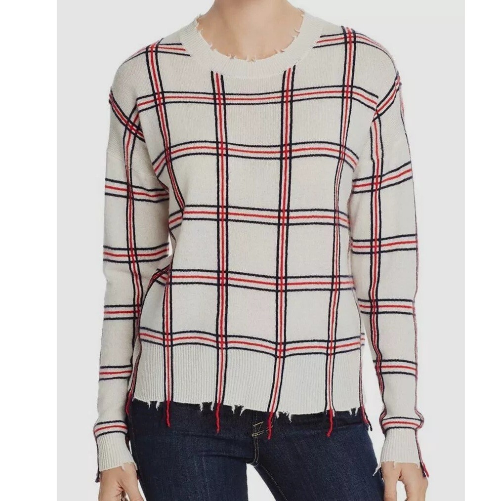Aqua Cashmere Womens M Ivory Red Plaid Distressed Fringe Sweater NWT J59