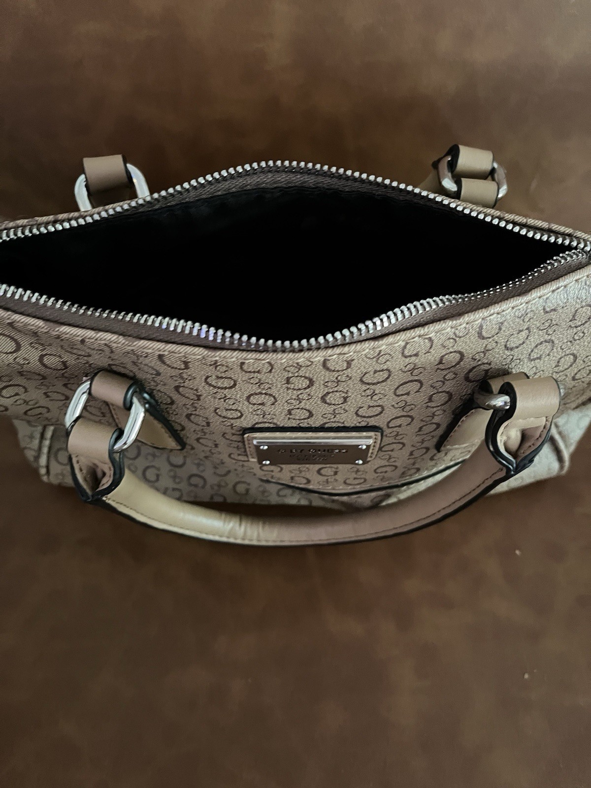 G by GUESS Beige/Brown Logo Satchel Top Handle Bag, Zip, Detachable Strap