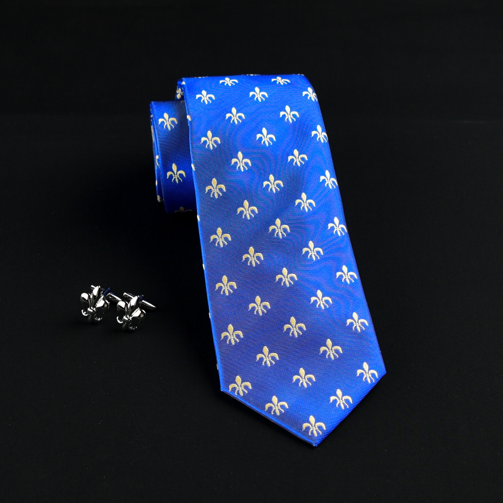 Blue & Yellow 3.15″ Wide Tie 8 cm Necktie With A Pair Fleur-de-lis Cufflinks