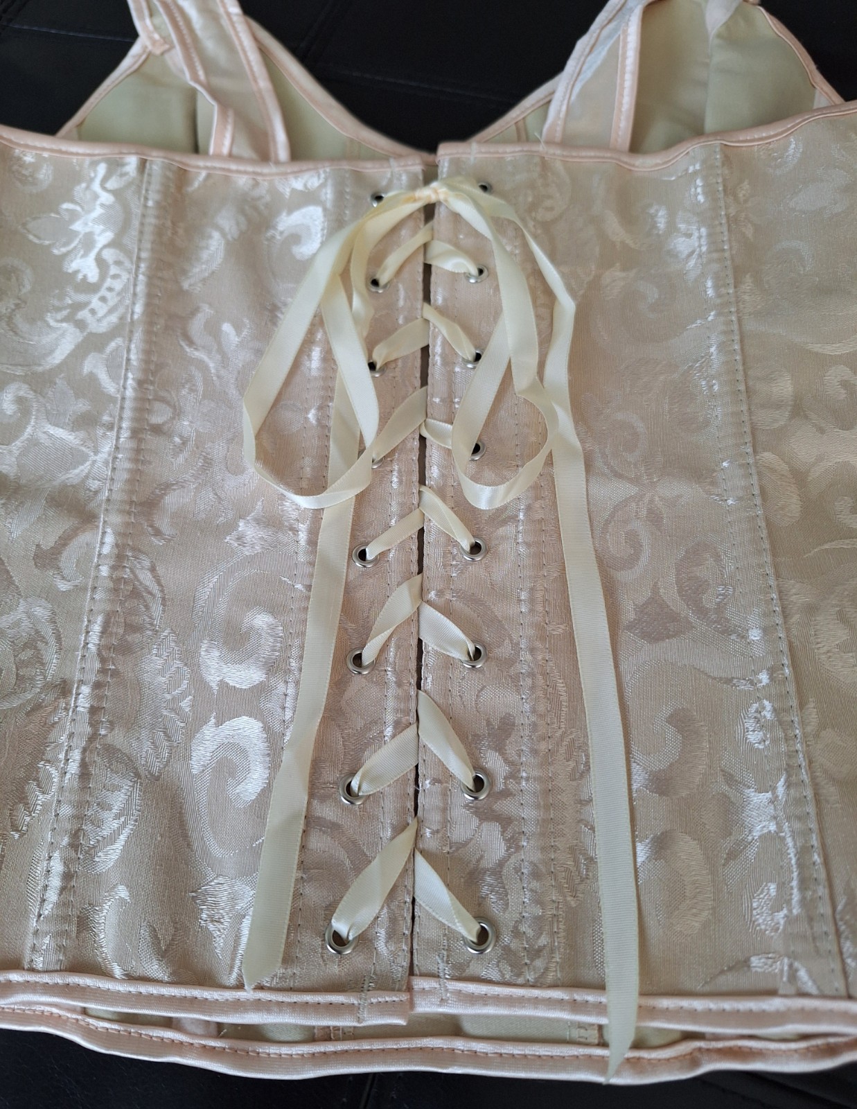 NEW Beige Satin Jacquard Strap Bustier Ribbon Lace up & Zipper Closure Corset L