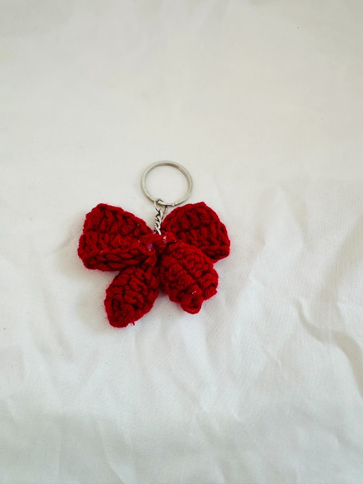 Handmade Crochet Bow Keychain, Red Yarn Bow Charm, Cute Bag Accessory