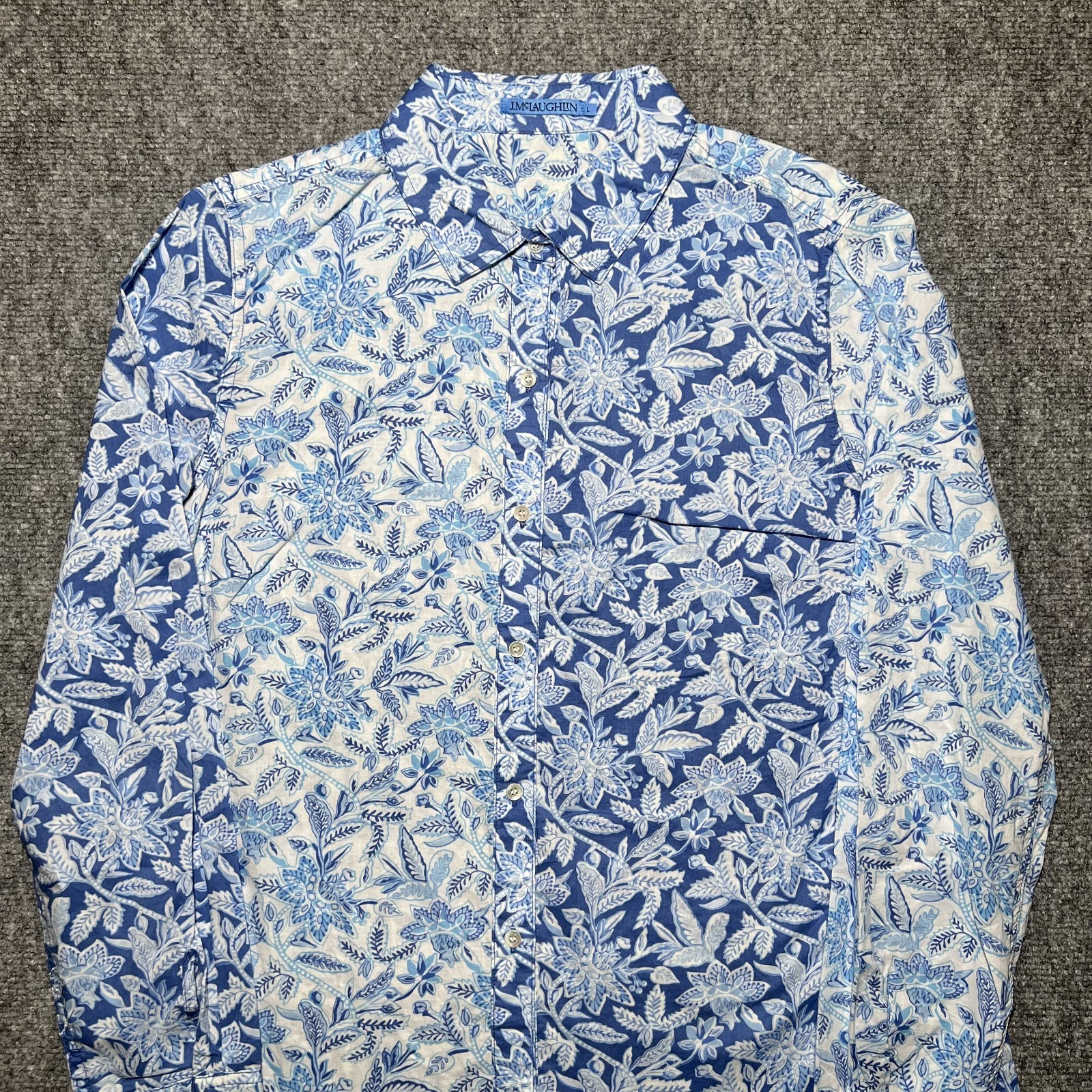 J McLaughlin Floral Button Front Shirt Womens Large Blue Cotton Top Long Sleeve