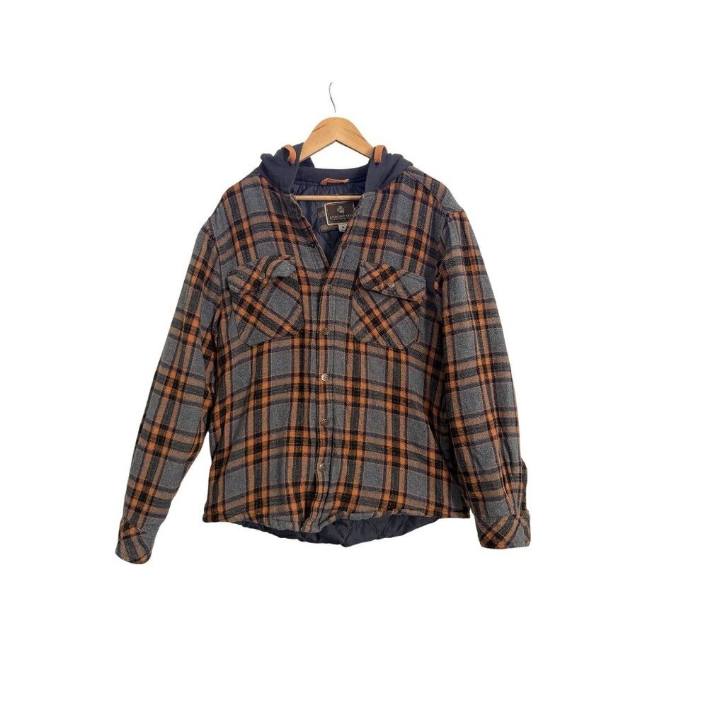 Legendary Outfitters Hooded Quilted Flannel Jacket Gray Orange Plaid Men’s M