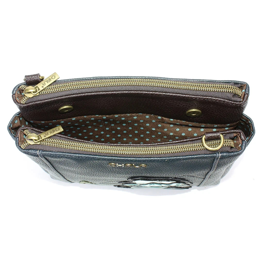NEW CHALA NAVY BLUE BIG FOOT MERRY MESSENGER XBODY BAG PURSE FAUX LEATHER RFID