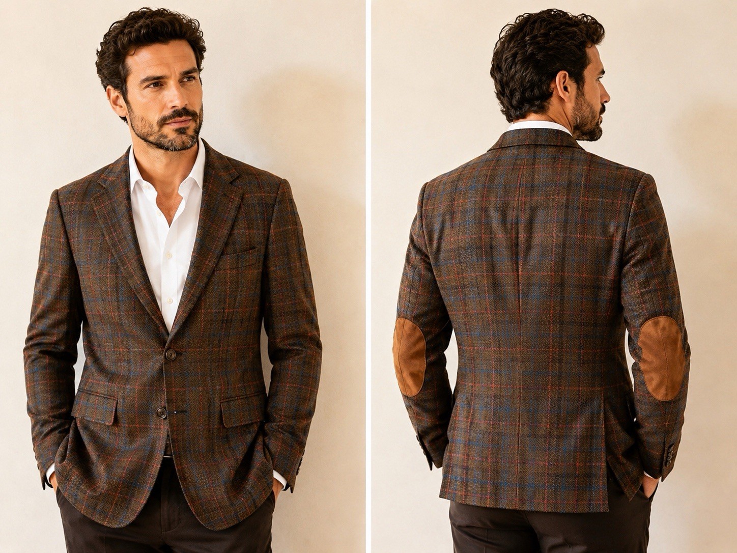 Alan Flusser Mens M Brown Plaid Wool Blend Sport Coat Blazer Suede Elbow Patches