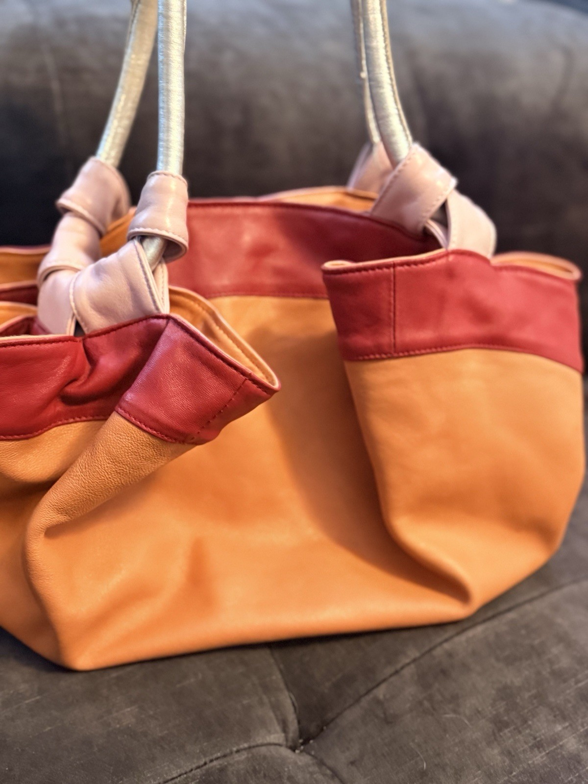 LOEWE ORANGE RED PINK SILVER LAMBSKIN NAPPA AIRE TOTE HANDBAG – Rare.