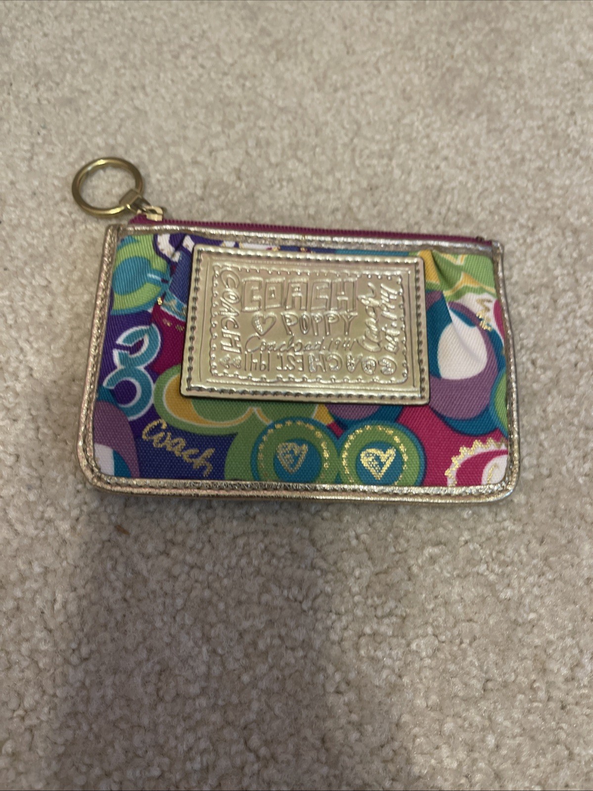 Coach Poppy Coin Purse Clutch Wallet Zip-Top Gold Multi-Color Zip-Top Leather
