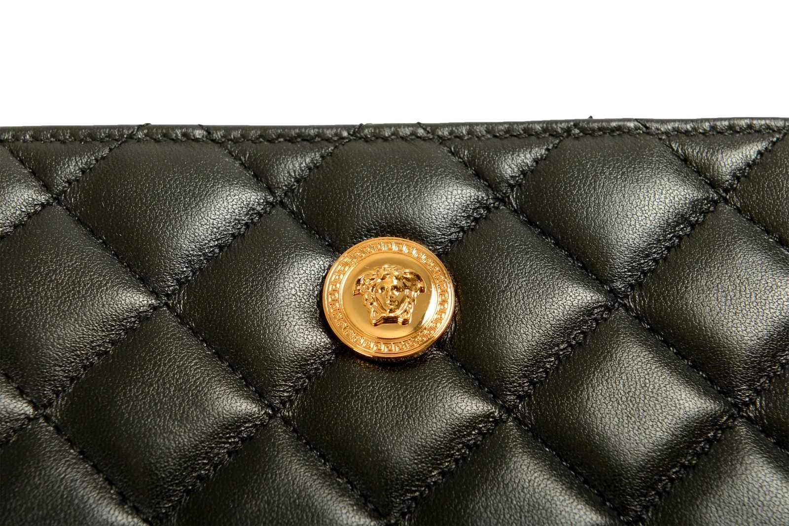 Versace Black Quilted Leather Gold Medusa Zip Around Wallet