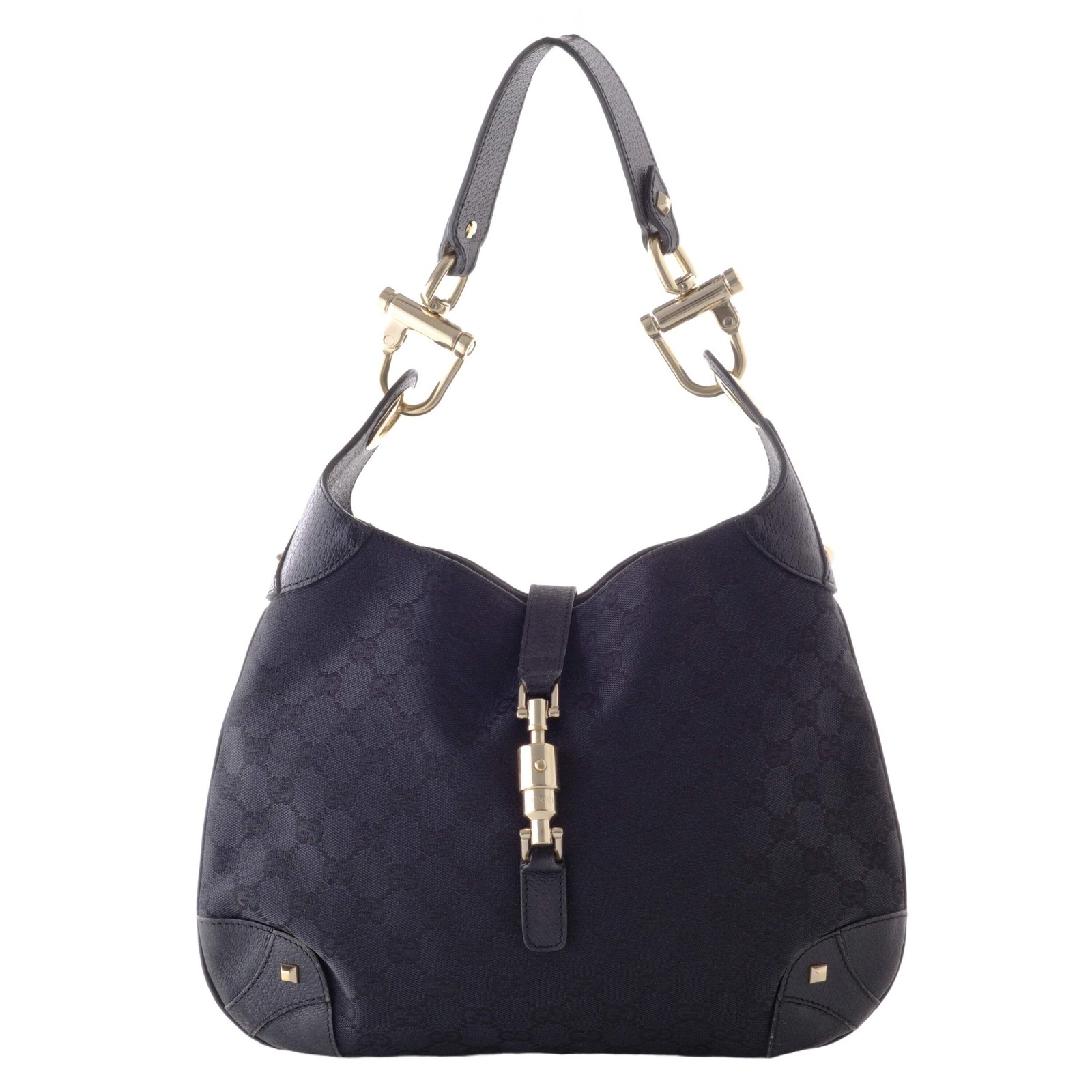 Gucci Jackie GG Canvas Hobo Shoulder Bag Black Leather Trim Gold Hardware