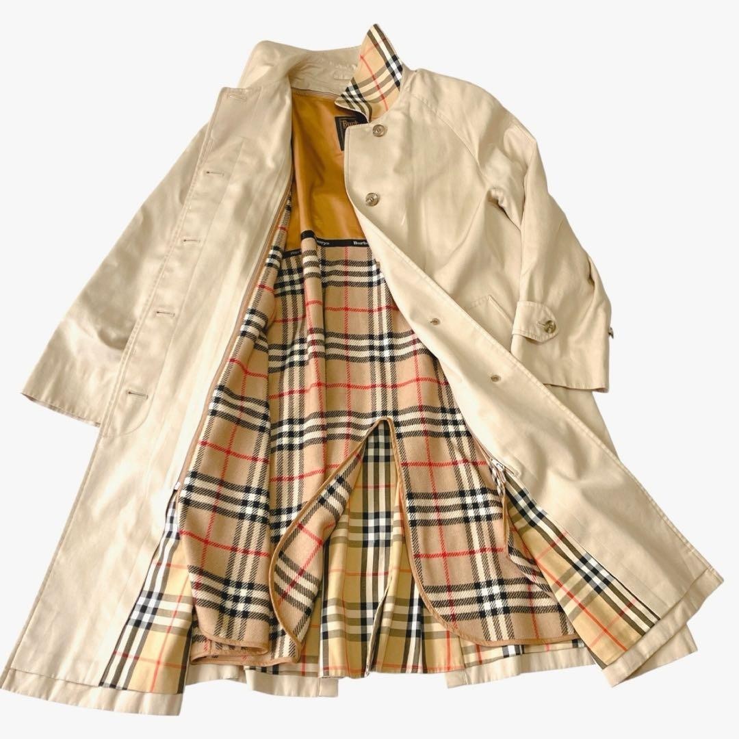 Burberrys Trench Coat Balmacaan Nova Check Beige Liner Size 7AR S M Cotton VTG