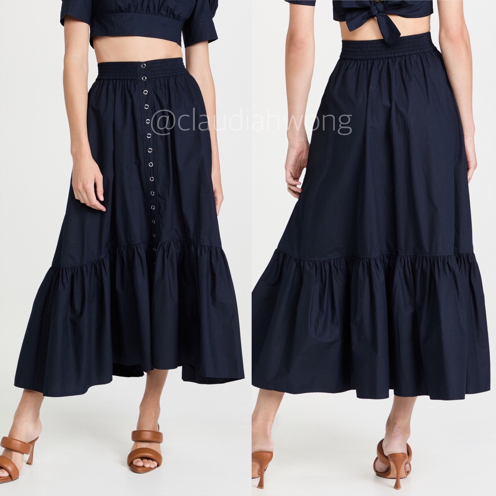 A.L.C. Jade Nightshade Navy Blue Snap Button Ruffle Full Maxi Skirt Sz 4 ALC