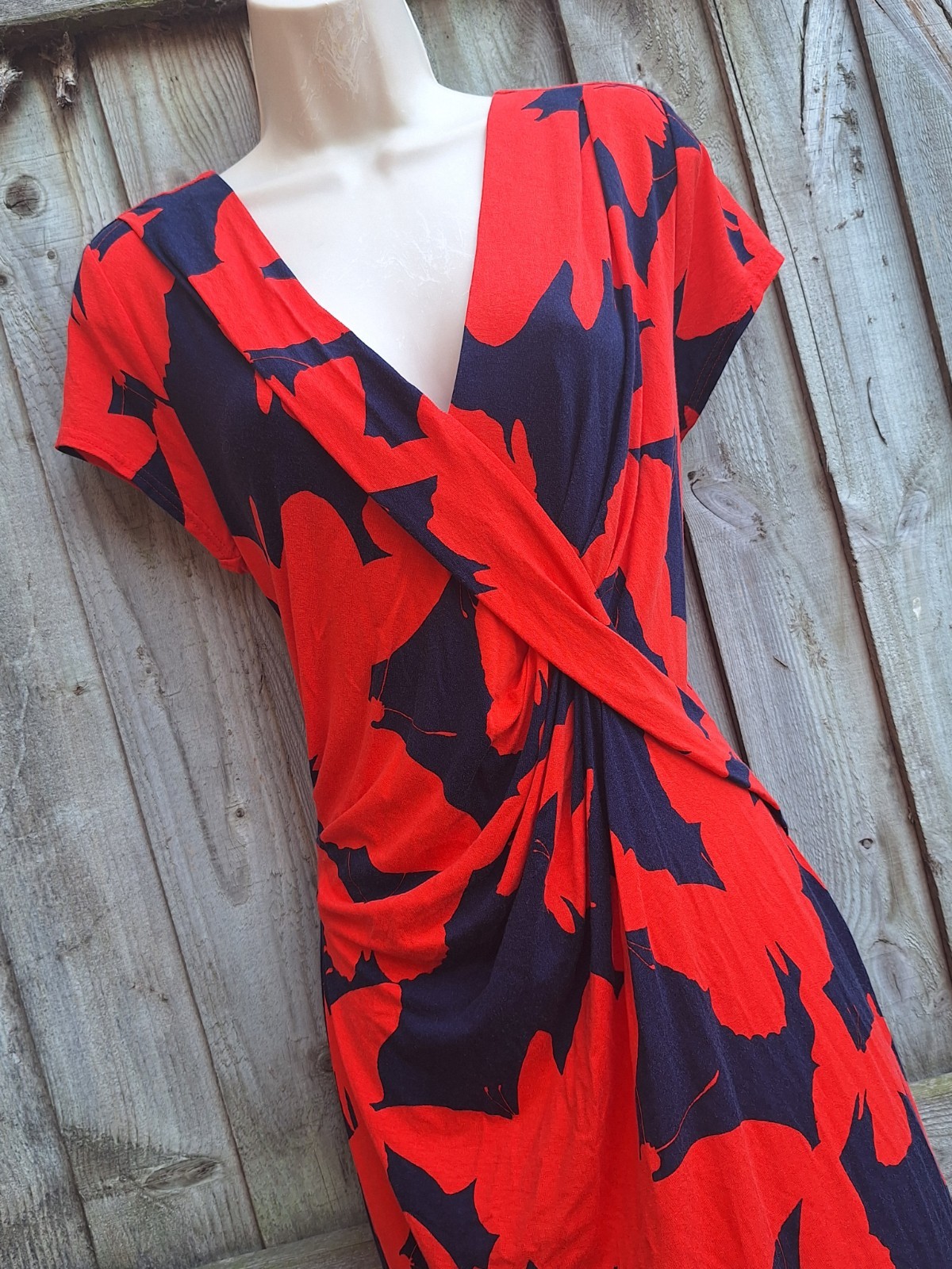 Phase Eight Ruched Red Navy Blue Summer Jersey Stretch Dress UK 16 EU 44 USA 12