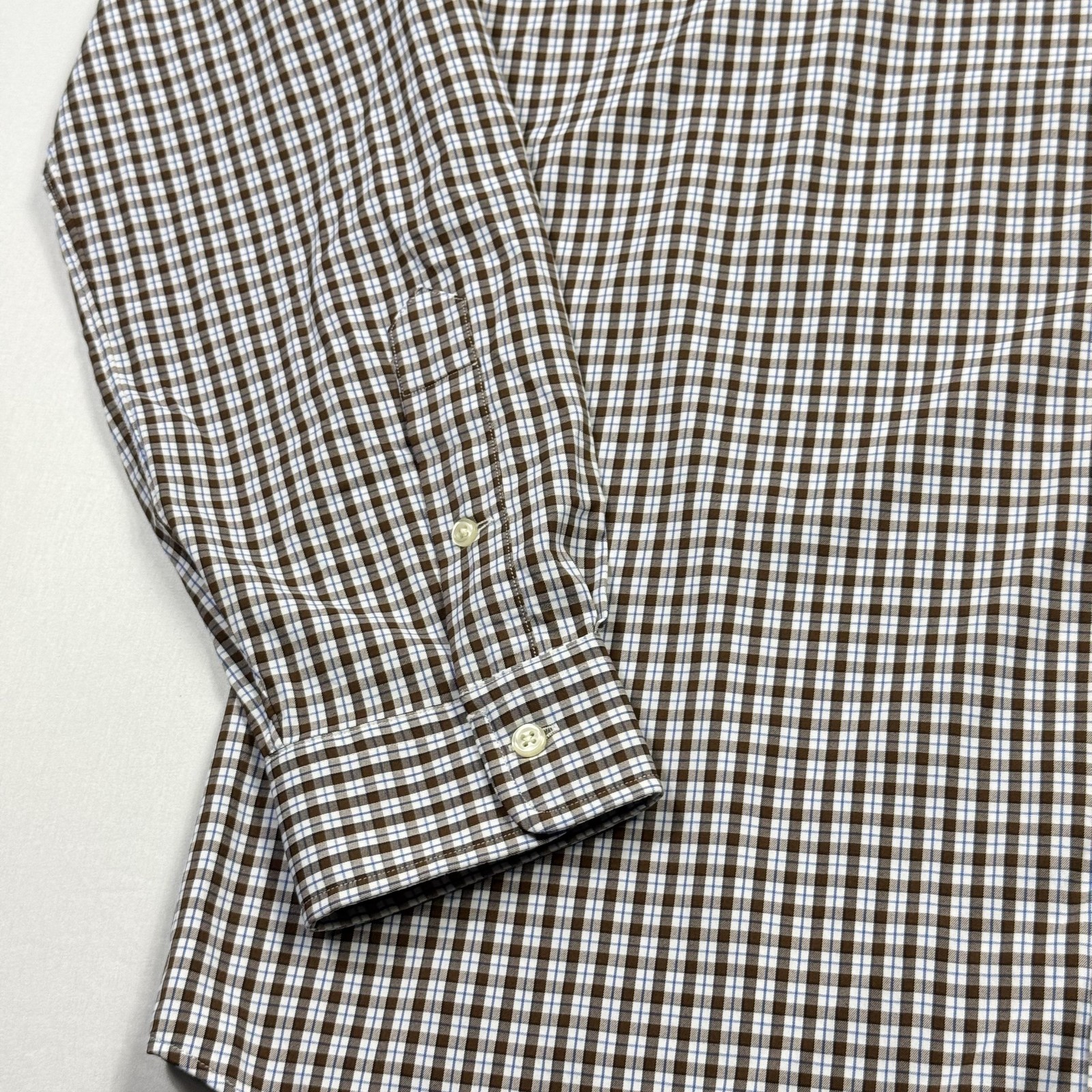 Ralph Lauren Button Shirt Mens Large Brown Blue Plaid Nylon Elastane Long Sleeve