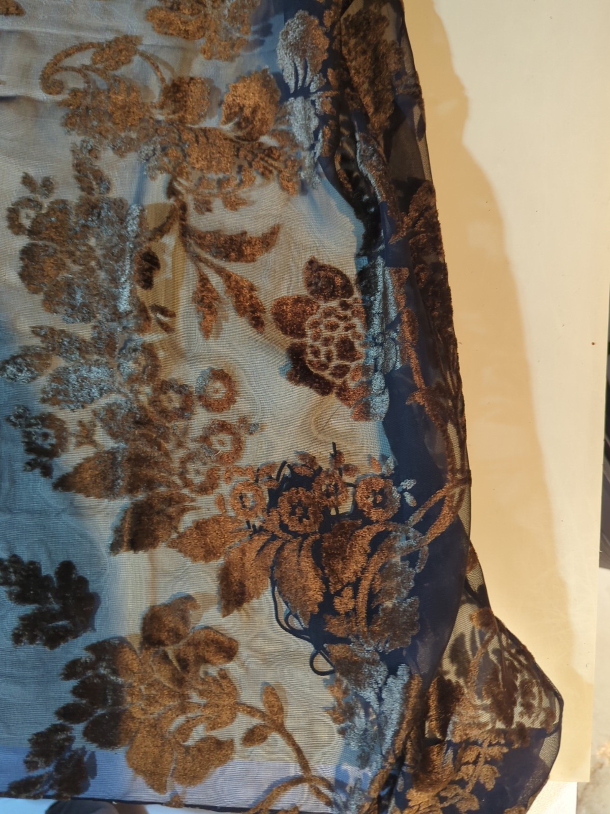 All That Glitters Burnout Velvet Scarf Blue Brown Floral Tasseled Shawl Wrap