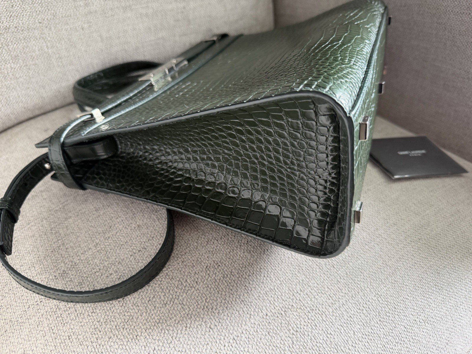 SAINT LAURENT Small Manhattan Green Silver Embossed Leather Bag Shoulder Strap