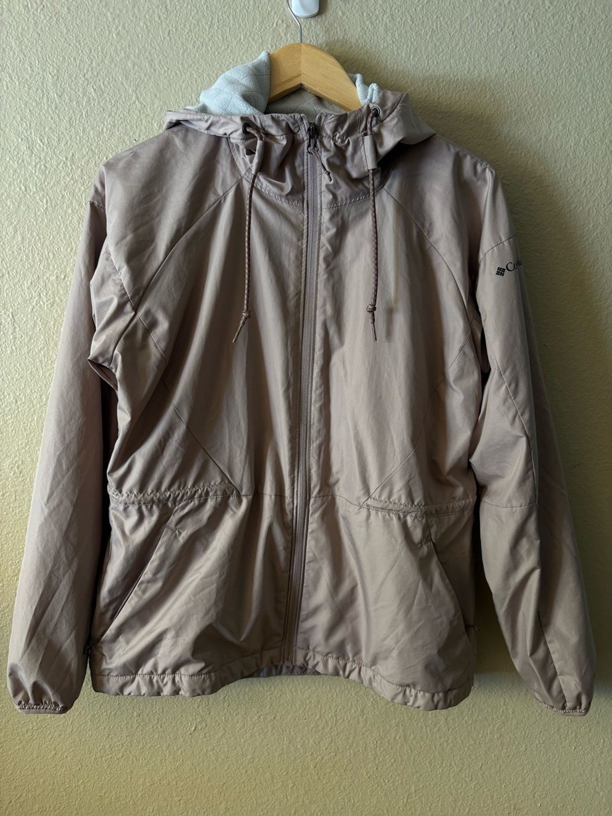 Columbia Hooded Windbreaker Jacket Women’s Medium Taupe Drawstring Waist