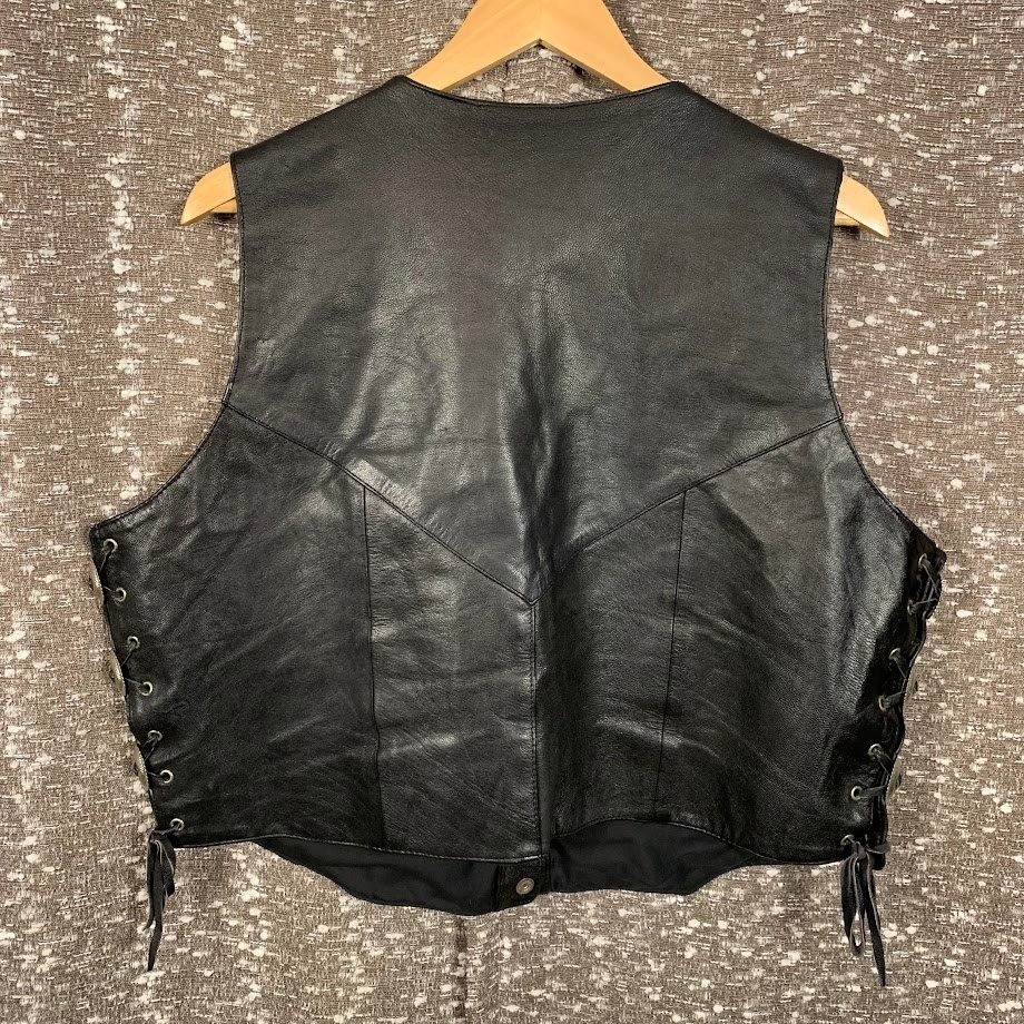 Addis Mens Black Leather Biker Vest Lace Up Sides Western Motorcycle Snap Front