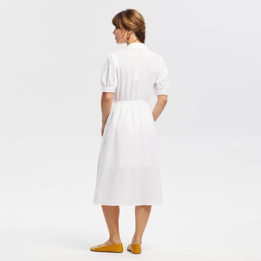 Women Puff Short Sleeve Eyelet Midi Shirtdress – Universal Thread White L