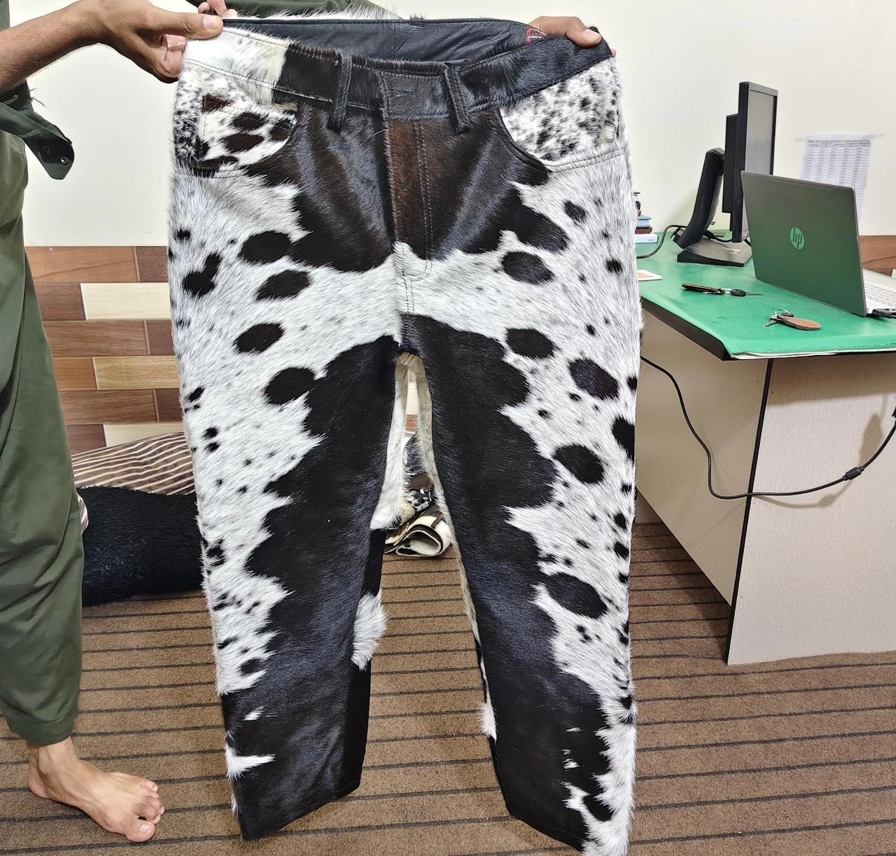 Cowhide Leather Western Pants: Brown & White Fur, Rodeo Style