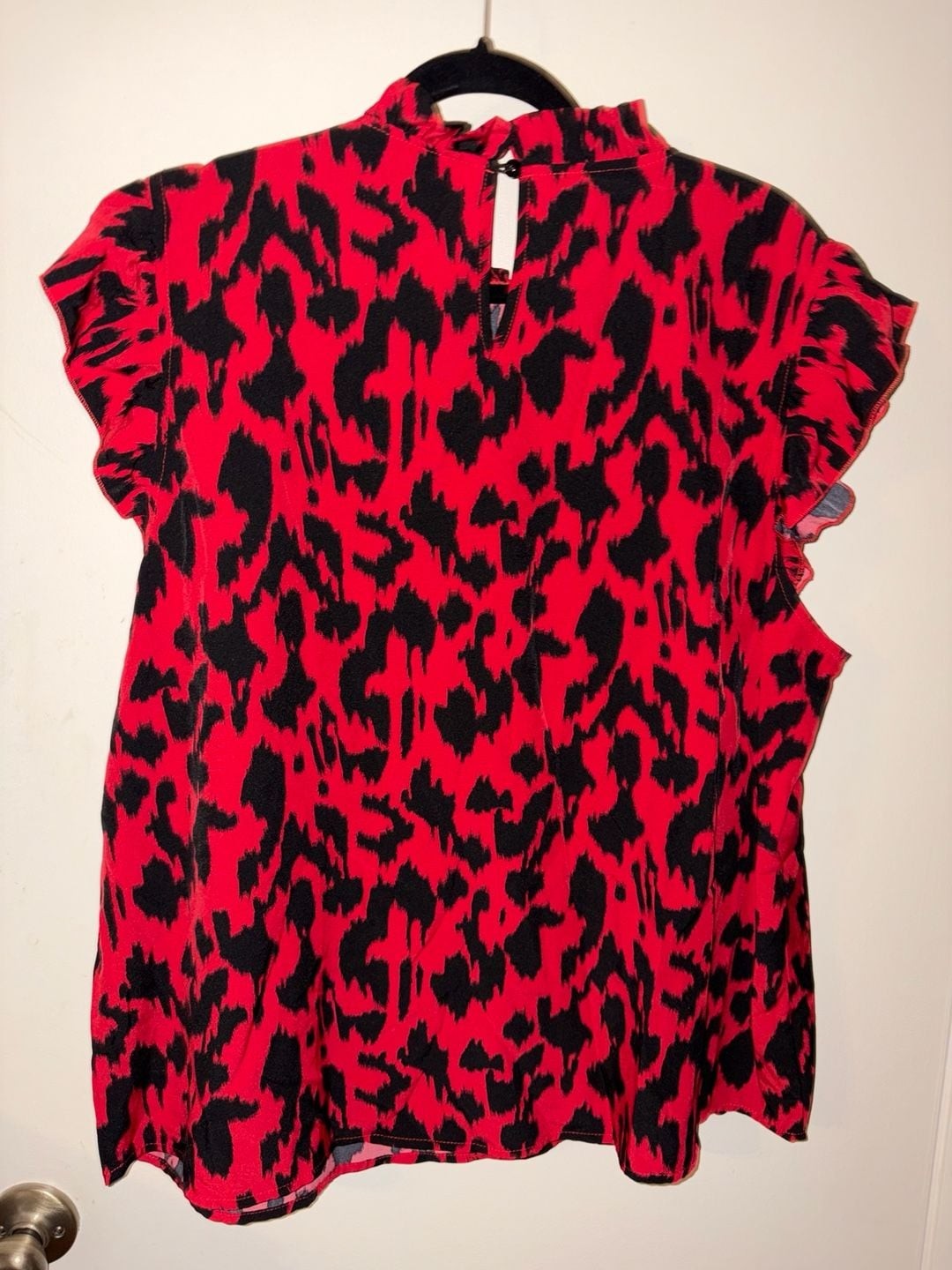 SHEIN Curve Red and Black Leopard Print Ruffle Mock Neck Blouse