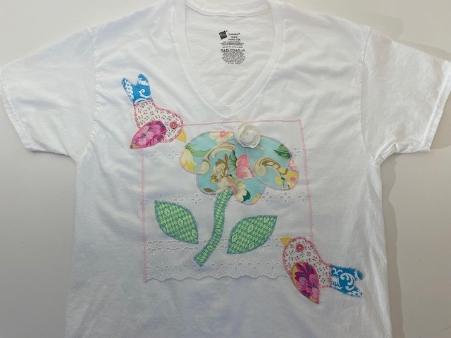 T Shirt Upcycled w Applique Flower & Birds. BOHO, Wearable Art, Hanes SZ Med