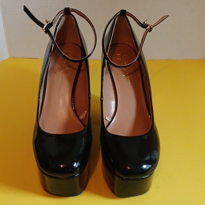 Jessica Simpson Womens Black Patent Leather Platform Ankle Strap Heels 10