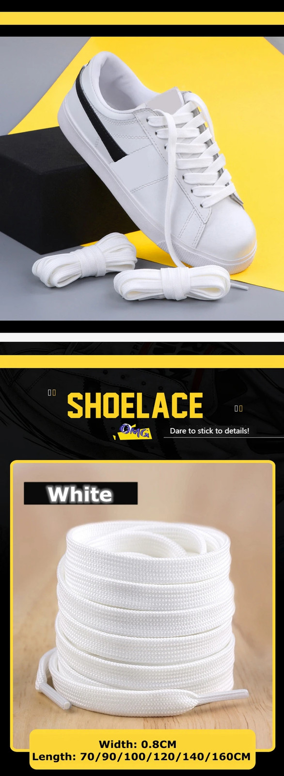 1Pair Classic Shoelaces Flat Black White Shoe Lace Double Fabric Non-slip Polyes