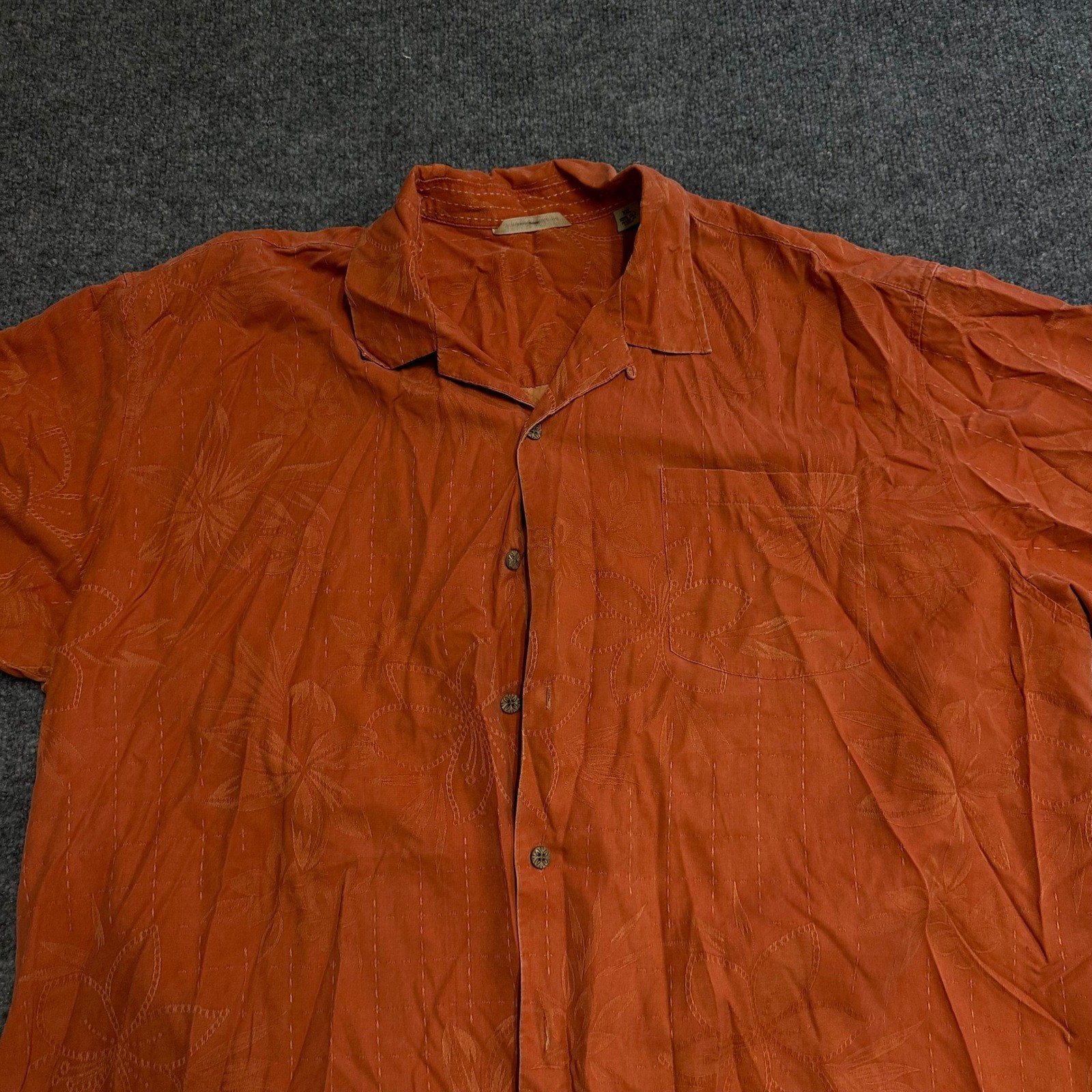 Tommy Bahama Button Down Mens XXL Orange Silk Embroidered Floral Hibiscus Camp