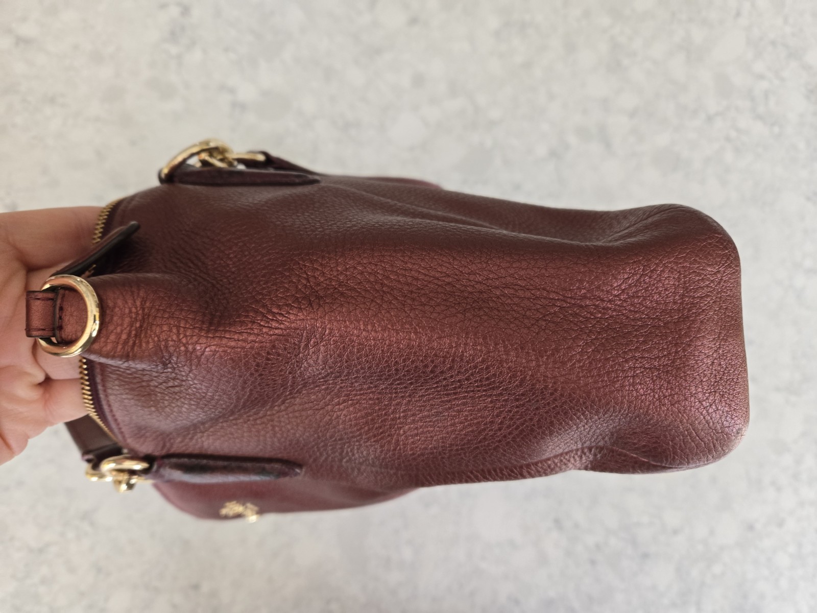Coach Leah Metallic Wine Purse Handbag Genuine Leather Tote Drop Handles