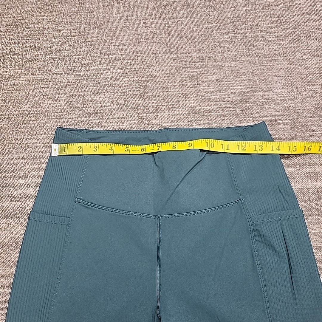 Womens Ribbed Panel Leggings Active Yoga Gym Pants w Pockets Green Size Medium