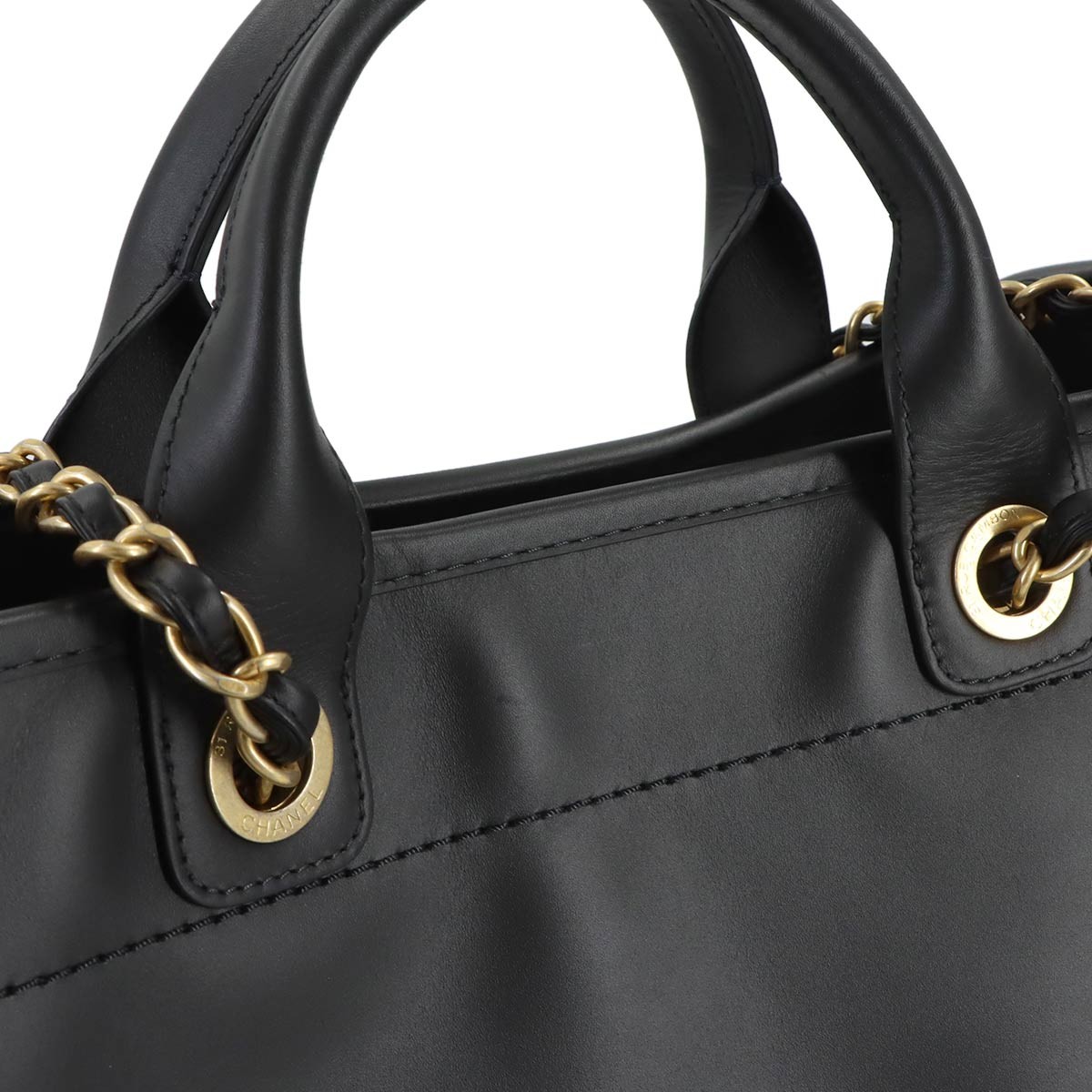 CHANEL Deauville GM Tote Chain Shoulder Bag Leather Black Purse 90322242