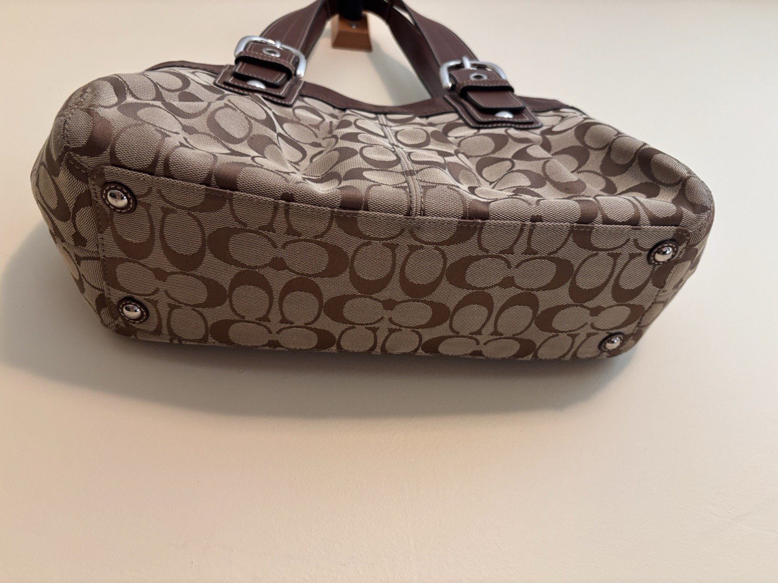 Coach Soho Signature C Monogram Shoulder Bag Brown Leather Trim Pleated