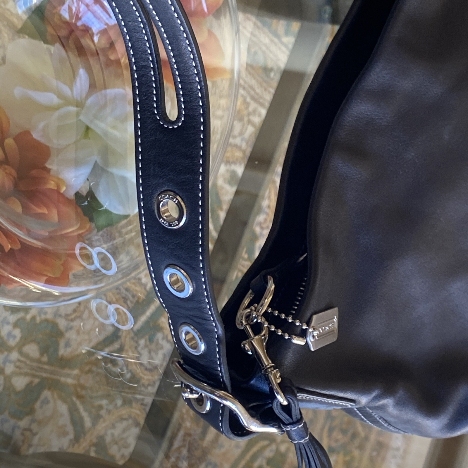 Coach Bag Hobo Black Leather Tassel Charm Vintage Pre-Owned Rectangle 10x7x3″