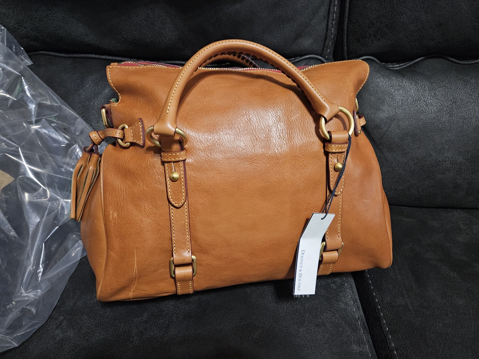 Dooney & Bourke Florentine Brown Buckle Satchel Zip Tassel Red Lining