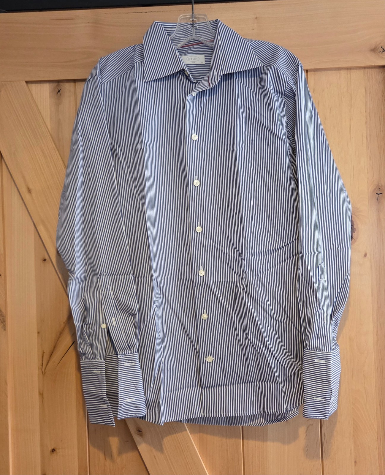 Eton Shirt Size 15.5 39 Blue Striped Contemporary Double Cuff Button