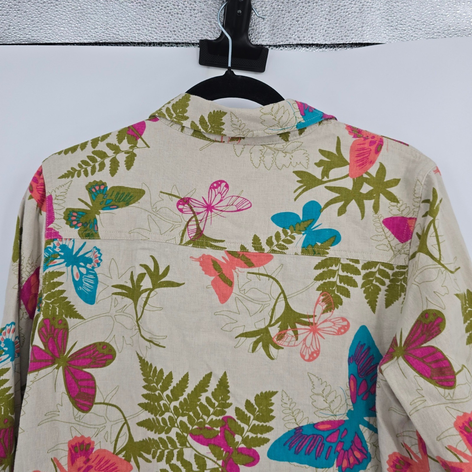 Bedford Fair Womens Medium Linen Blend Butterfly Fern Print Button Front Shirt