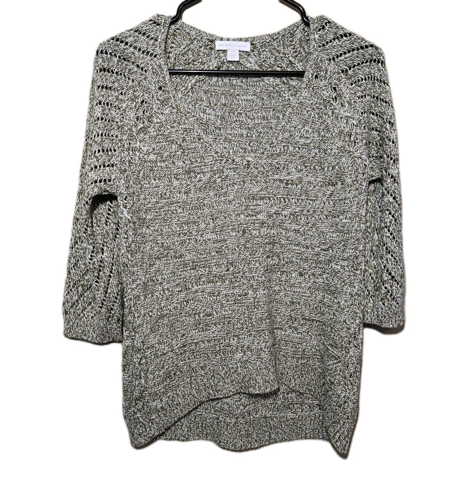 New York & Company Women’s Size Small Marled Knit Sweater 3/4 Sleeve Olive Cream