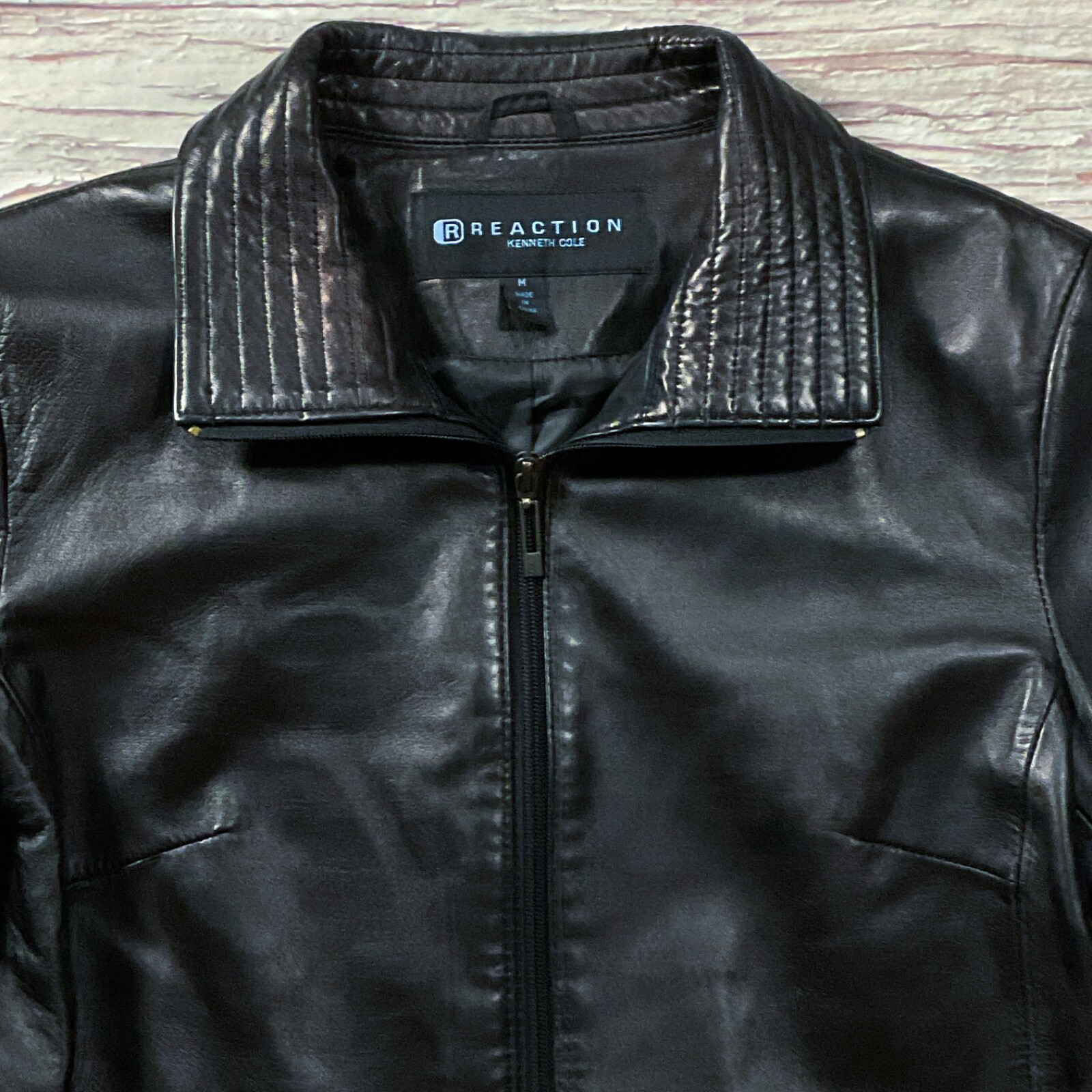 Kenneth Cole Reaction Womens Jacket size M Medium Black Leather Zip Front Lined