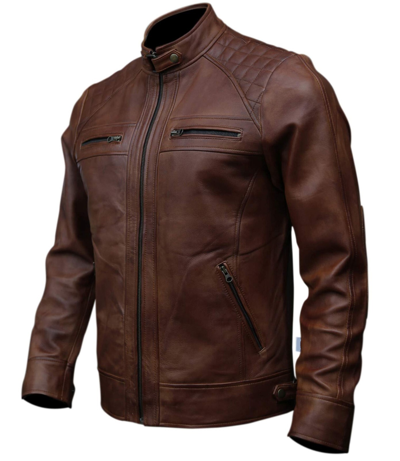 CAFE RACER BIKER BLACK/BROWN LEATHER JACKET MEN’S GENUINE SHEEP LEATHER