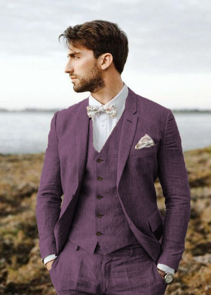 Men Multi Color Linen 3 Piece Suit Notch Lapel Summer Wedding Formal Outfit