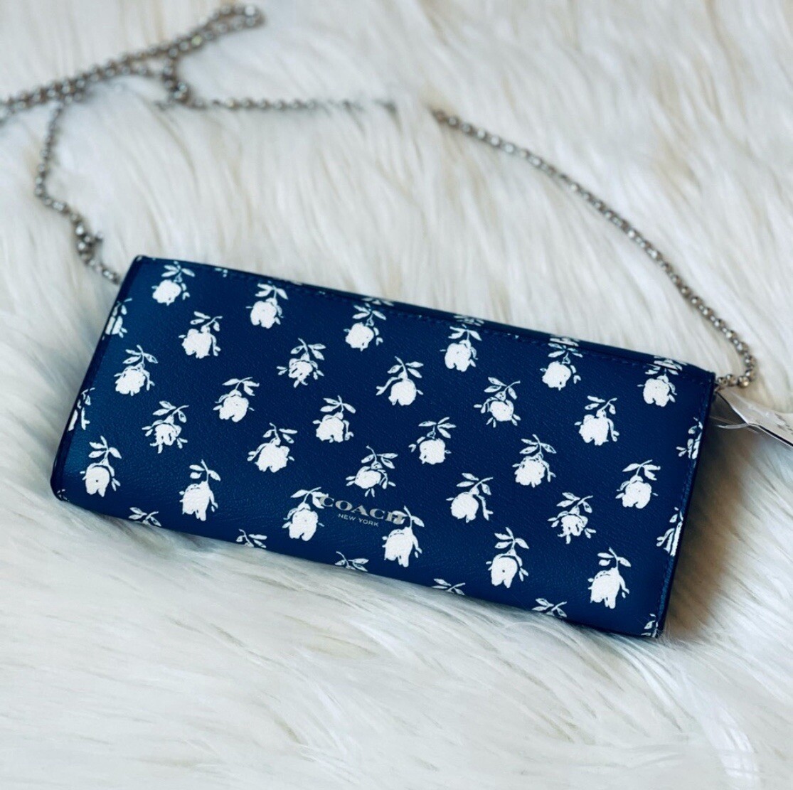 NWT Coach Badlands Floral Slim Chain Envelope Wallet in Blue Multi F53151