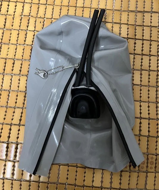Latex Hood Rubber Mask with Black long nose tube&braces for Fetish clubwear US