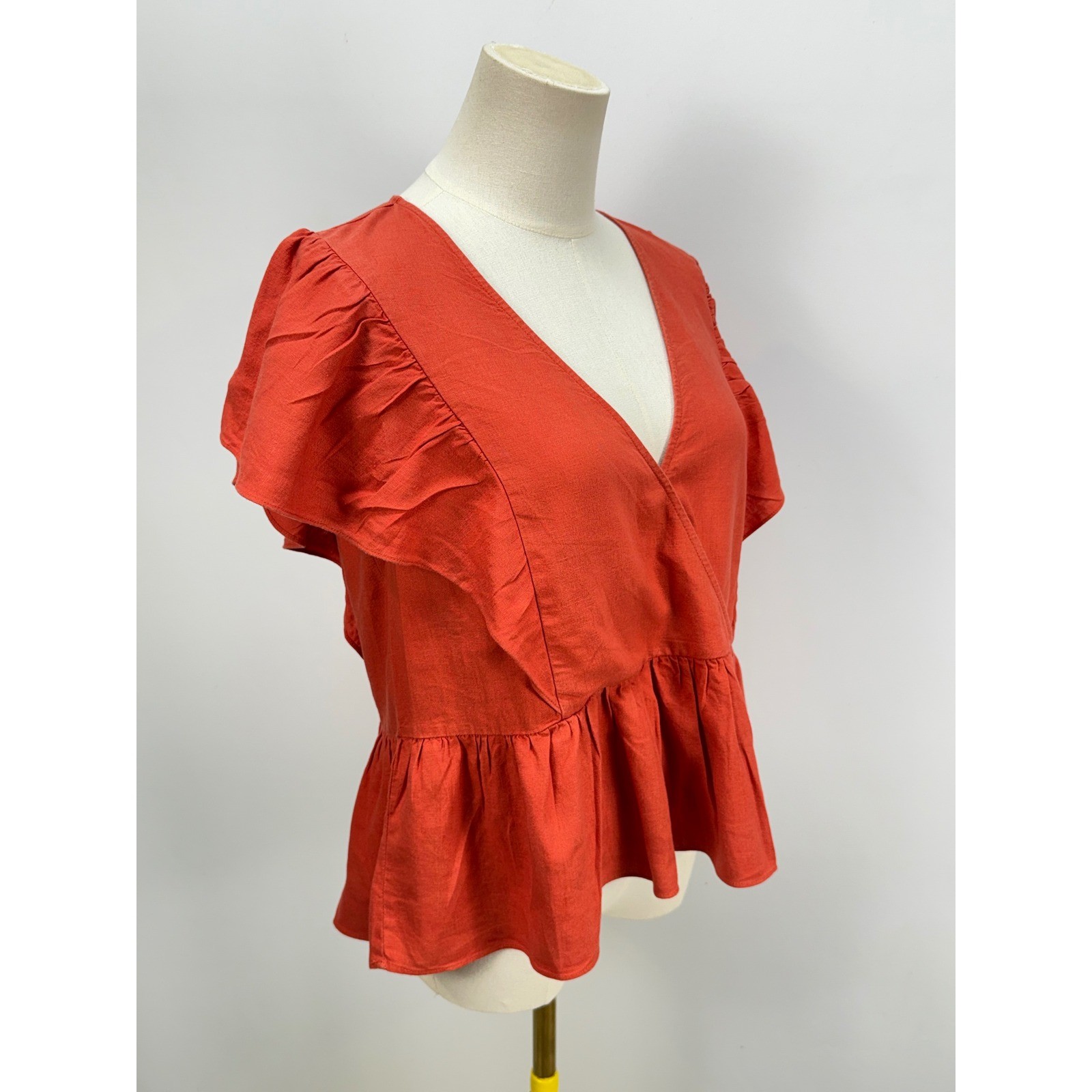 Madewell Ruffle Wrap Peplum Top Burnt Orange Linen Blend XS CKP454534629