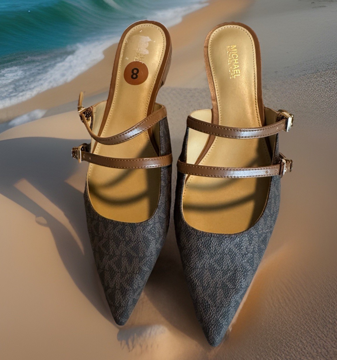 NEW Michael Kors Women Slide Brown Monogram Flat Mule Sandals,Sz.8;